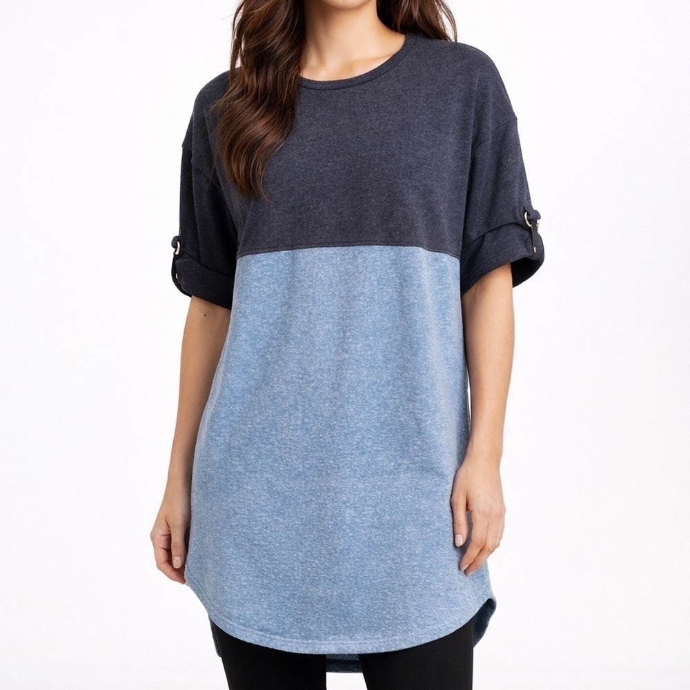 Sky Women Charcoal Blue Colorblock Oversized Roll-Tab Tunic Top SL6102 NWT SZ L